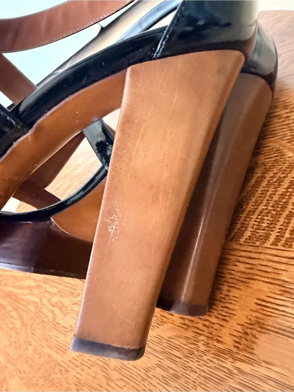 Bettye Muller Retro Black Patent Platform Sandals with Wood-Effect Block 4” Heel